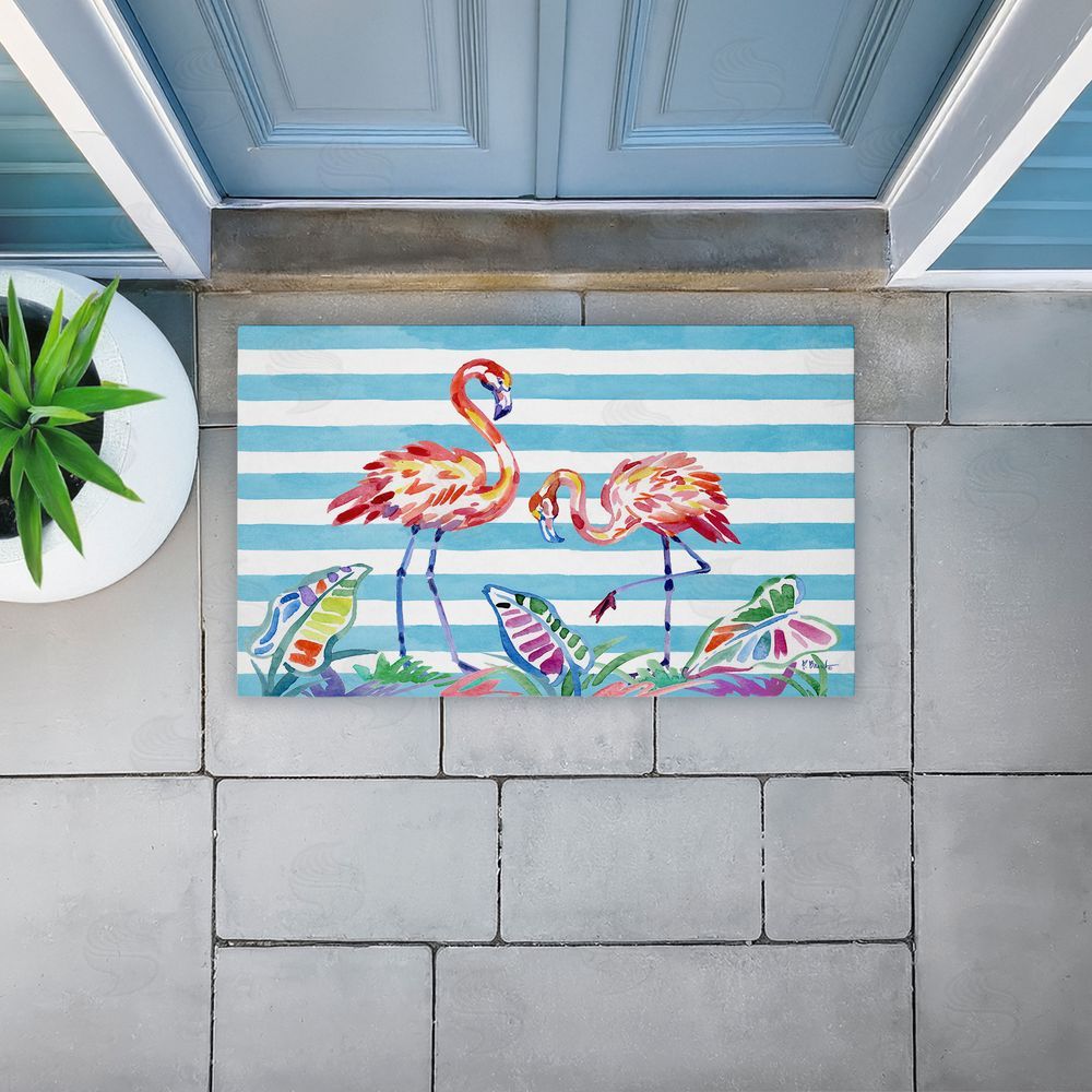 Paul Brent | Brushstroke Flamingos on Stripes Non-Woven Door Mat