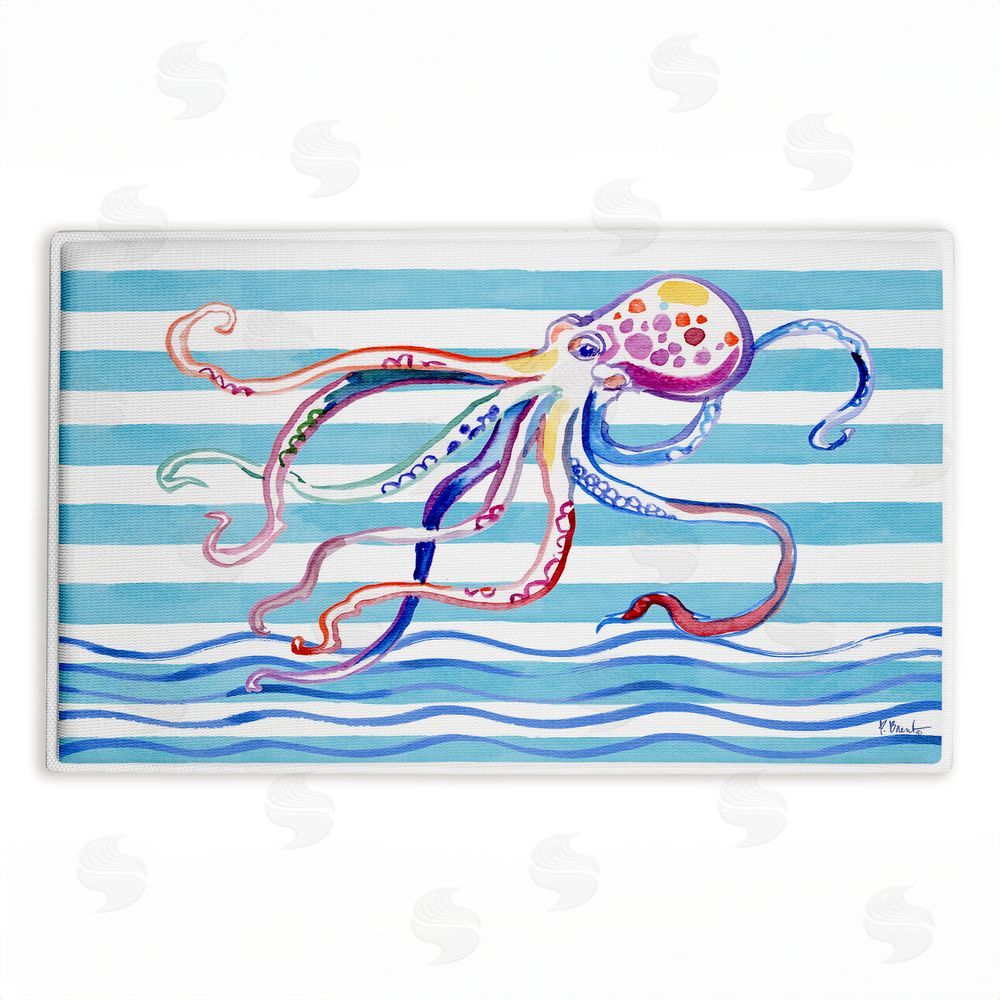 Paul Brent | Brushstroke Octopus on Stripes Plush Bath Mat
