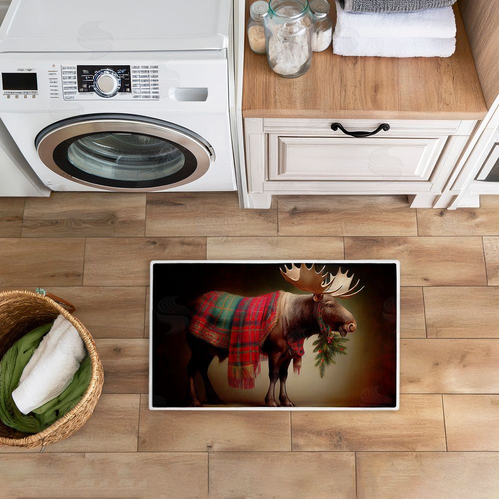Sasha | Festive Moose with Plaid & Fir Plush Bath Mat