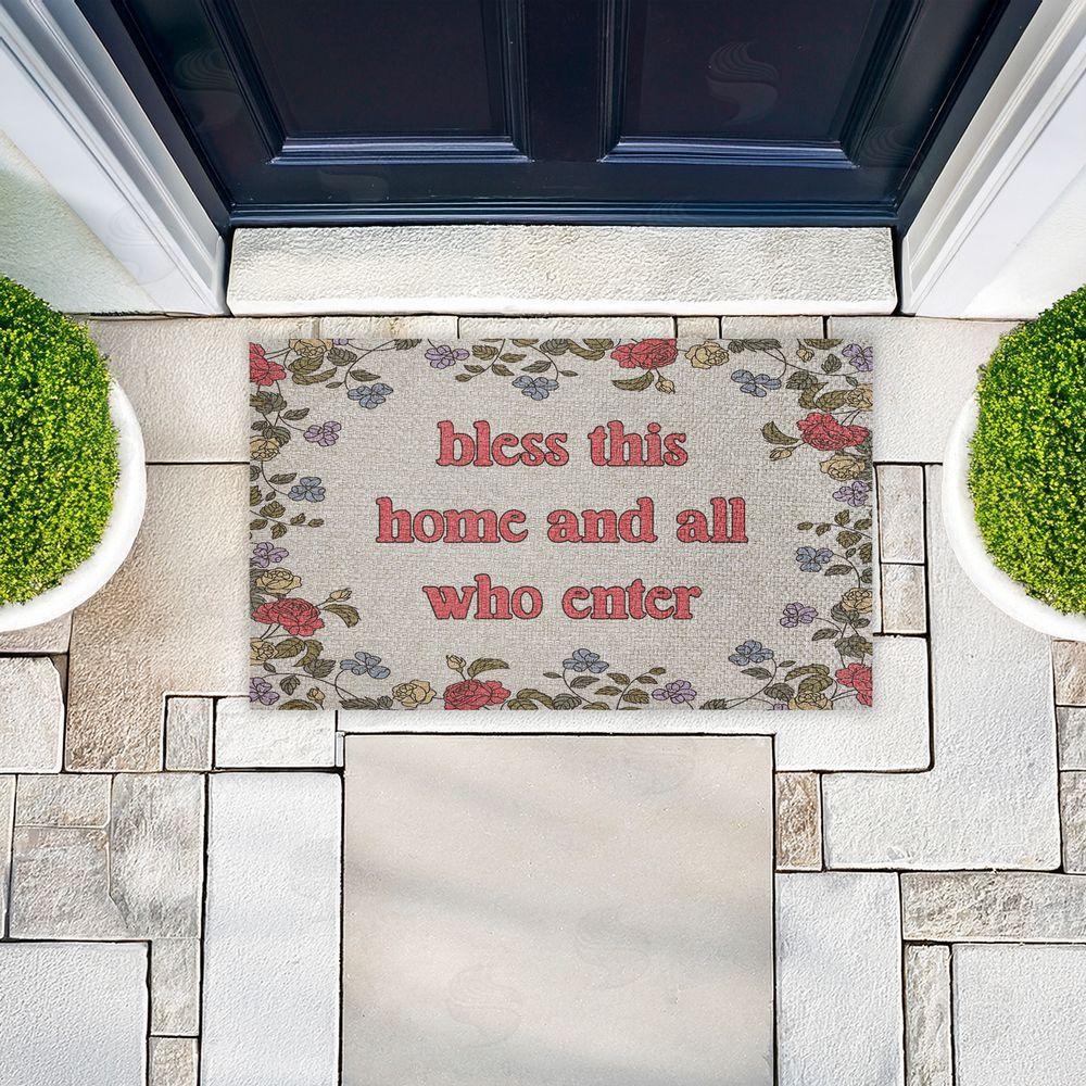 Stupell Studio | Retro Bless This Home Florals Faux Sisal Door Mat