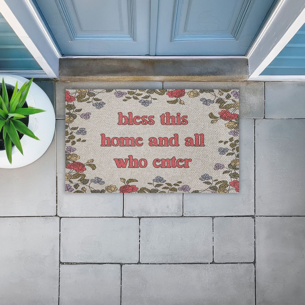 Stupell Studio | Retro Bless This Home Florals Faux Sisal Door Mat