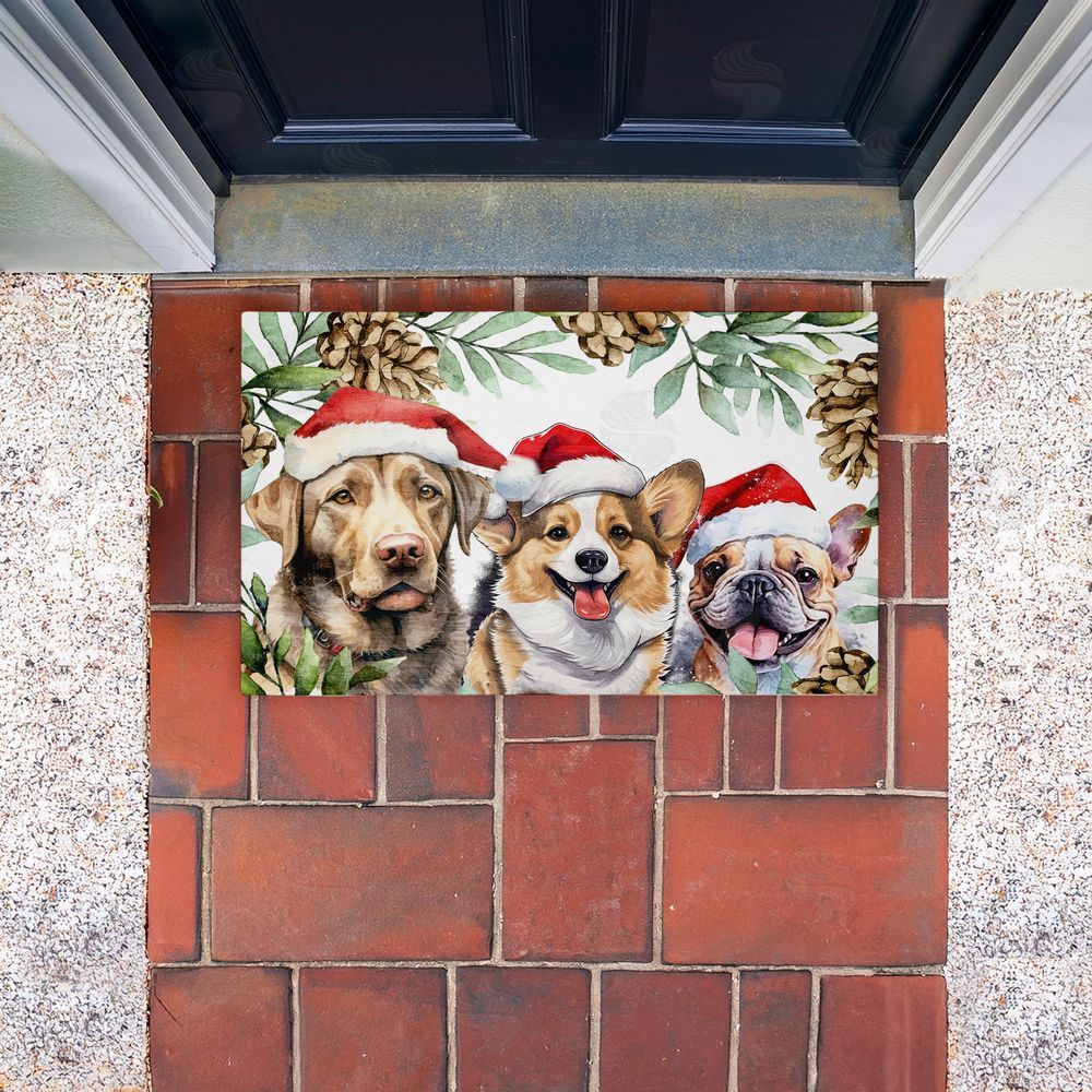 Kim Allen | Three Christmas Hat Dogs Non-Woven Door Mat