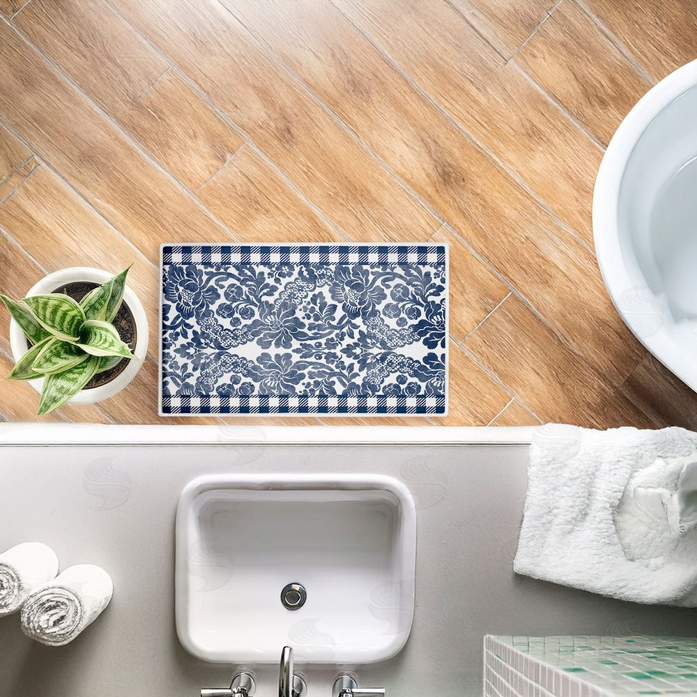 Kim Allen | Navy Gingham Florals Plush Bath Mat