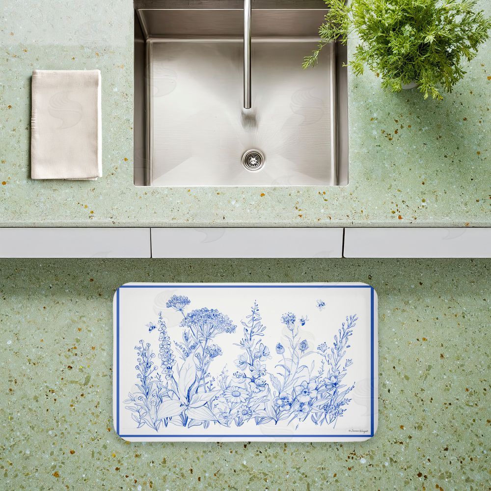 Susan Winget | Blue Toile Flowers Anti-Fatigue Mat