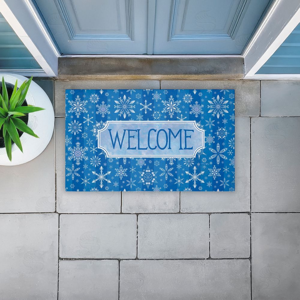 Tim Coffey | Welcome Blue Falling Snowflakes Non-Woven Door Mat