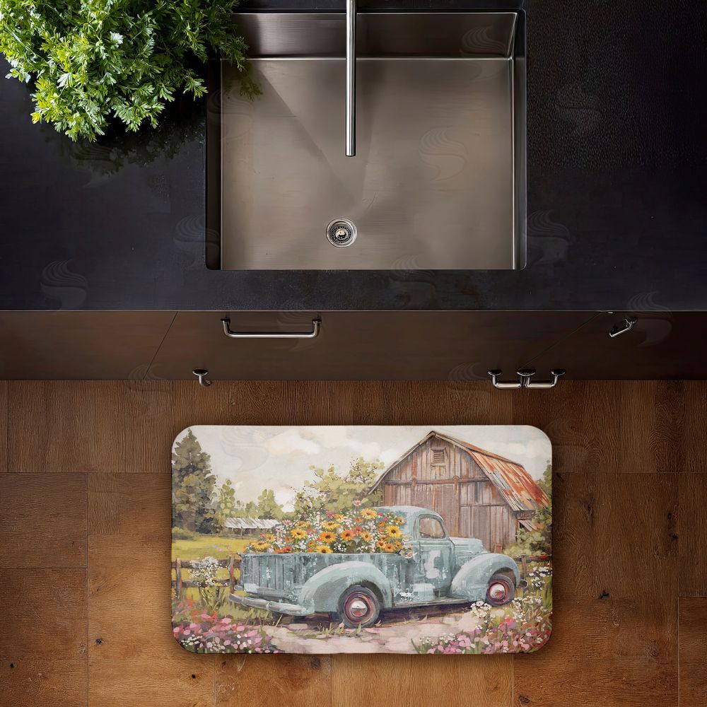 Nina Blue | Vintage Truck With Flowers Anti-Fatigue Mat