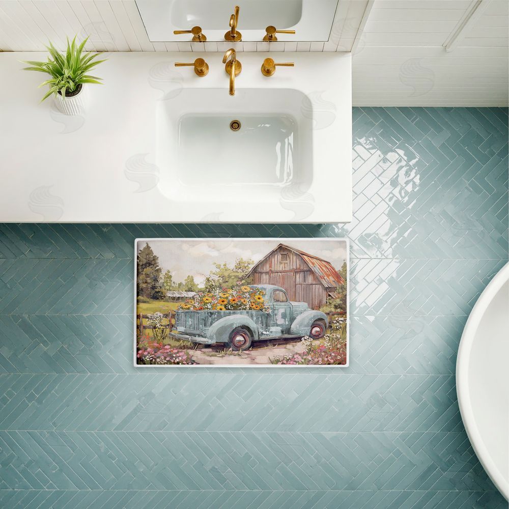 Nina Blue | Vintage Truck With Flowers Plush Bath Mat