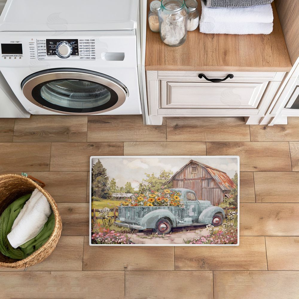 Nina Blue | Vintage Truck With Flowers Plush Bath Mat