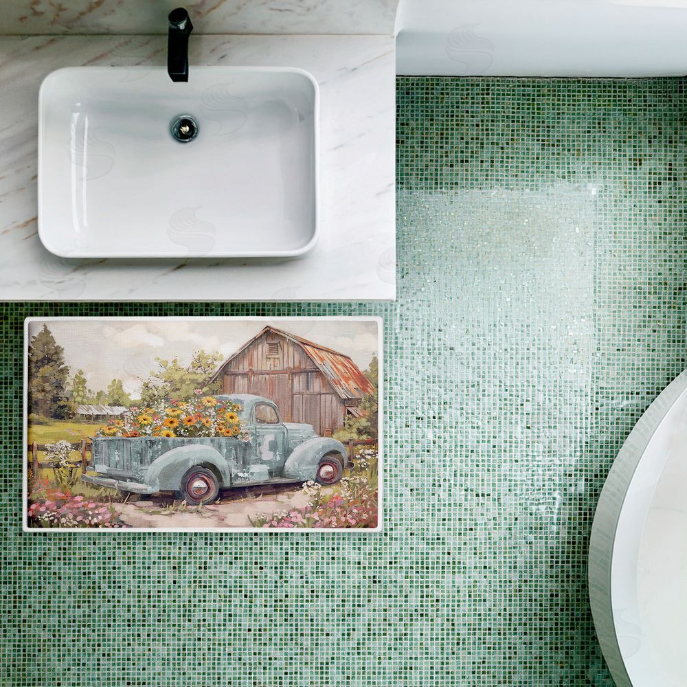 Nina Blue | Vintage Truck With Flowers Plush Bath Mat