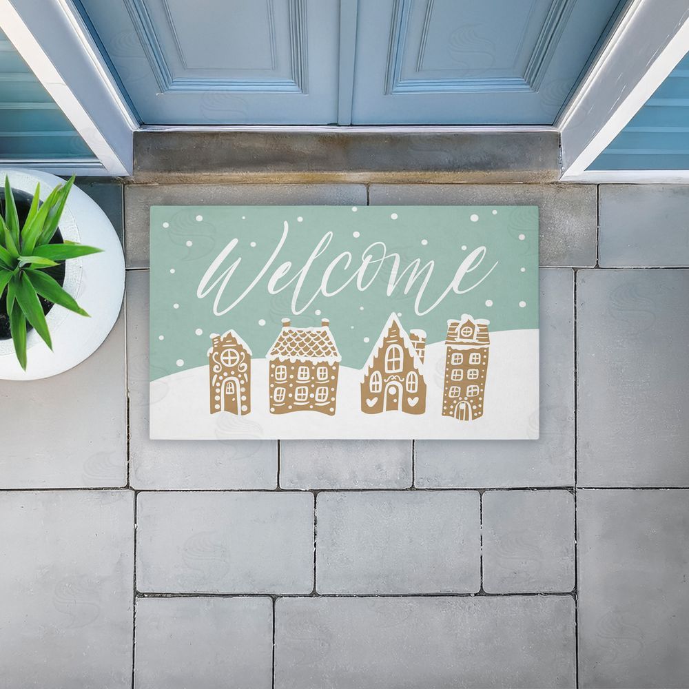Caverly Smith | Welcome Snowy Gingerbread Houses Non-Woven Door Mat