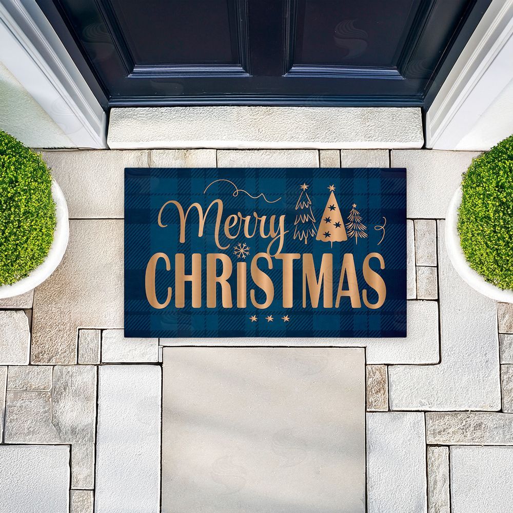 Andrea Jasid Grassi | Blue Plaid Merry Christmas Non-Woven Door Mat