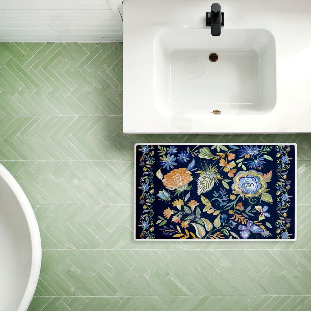Ani Del Sol | Painted Blue Floral on Black Plush Bath Mat