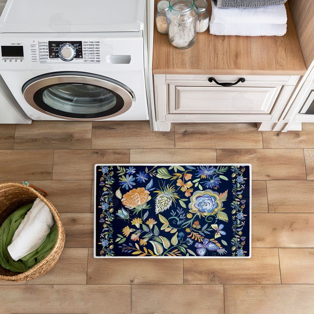 Ani Del Sol | Painted Blue Floral on Black Plush Bath Mat