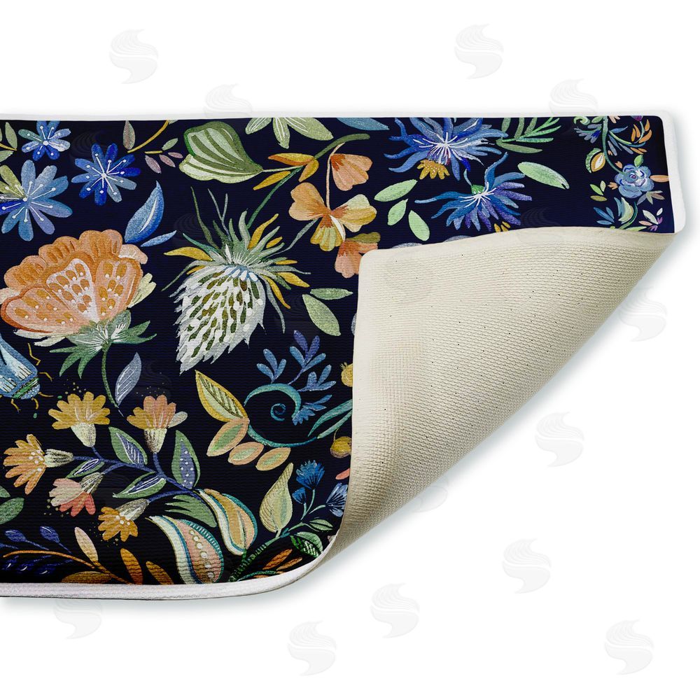 Ani Del Sol | Painted Blue Floral on Black Plush Bath Mat