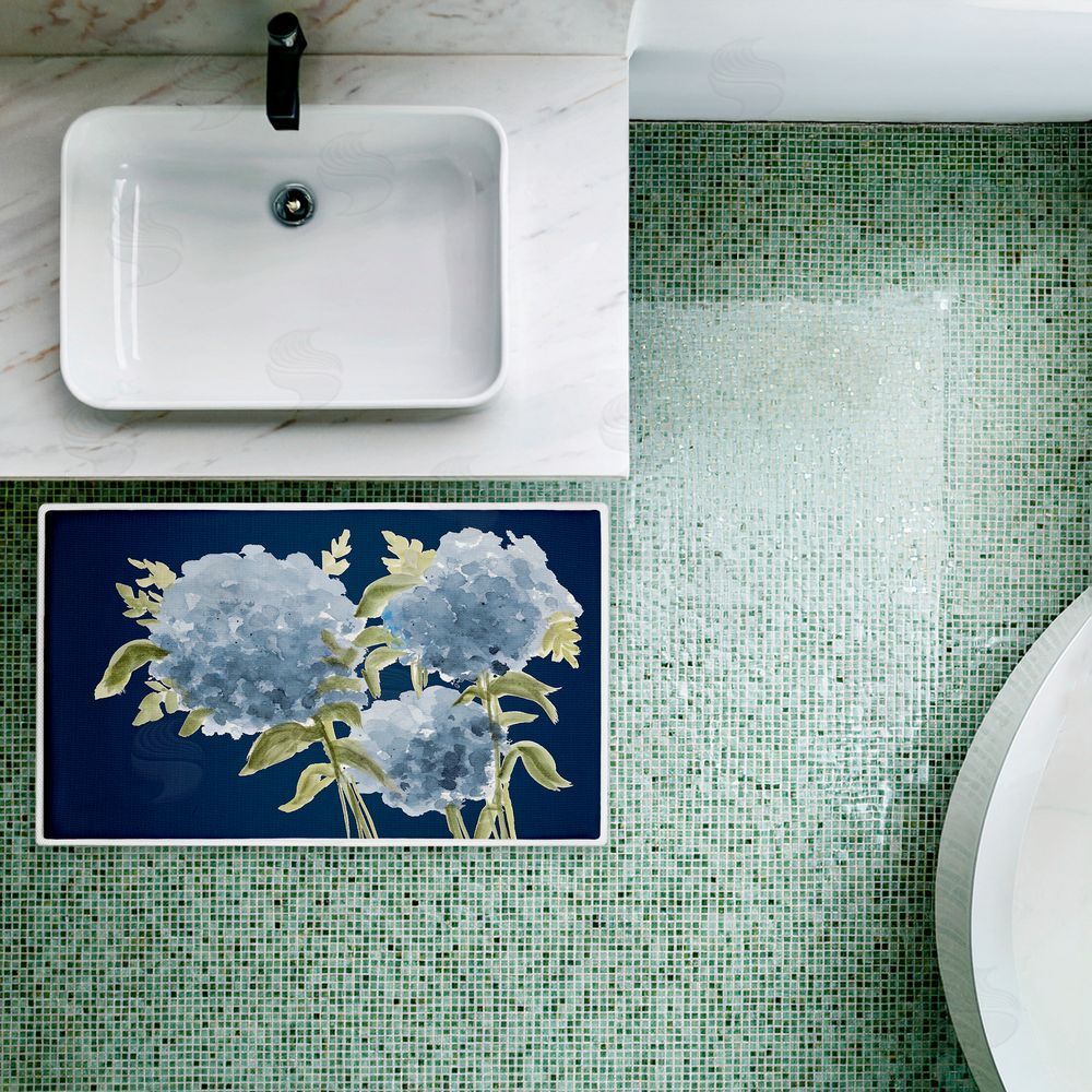 Janice Gaynor | Blue Hydrangeas Contrast Plush Bath Mat