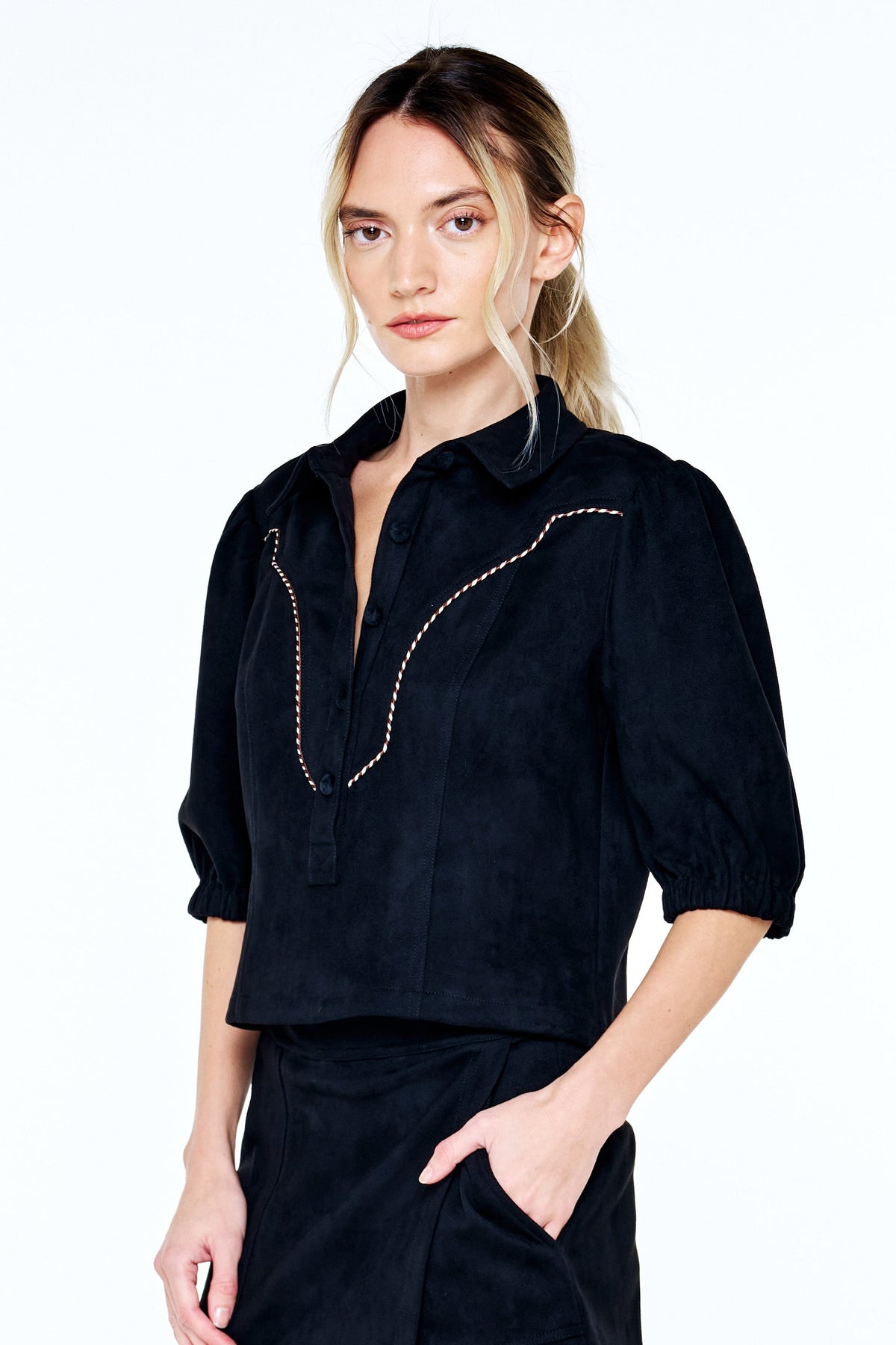VYNESSA FAUX SUEDE PIPING DETAIL TOP